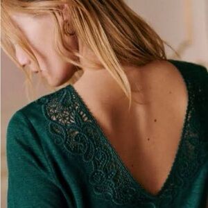 Sezane Green Lace Detail Short Sleeve Top